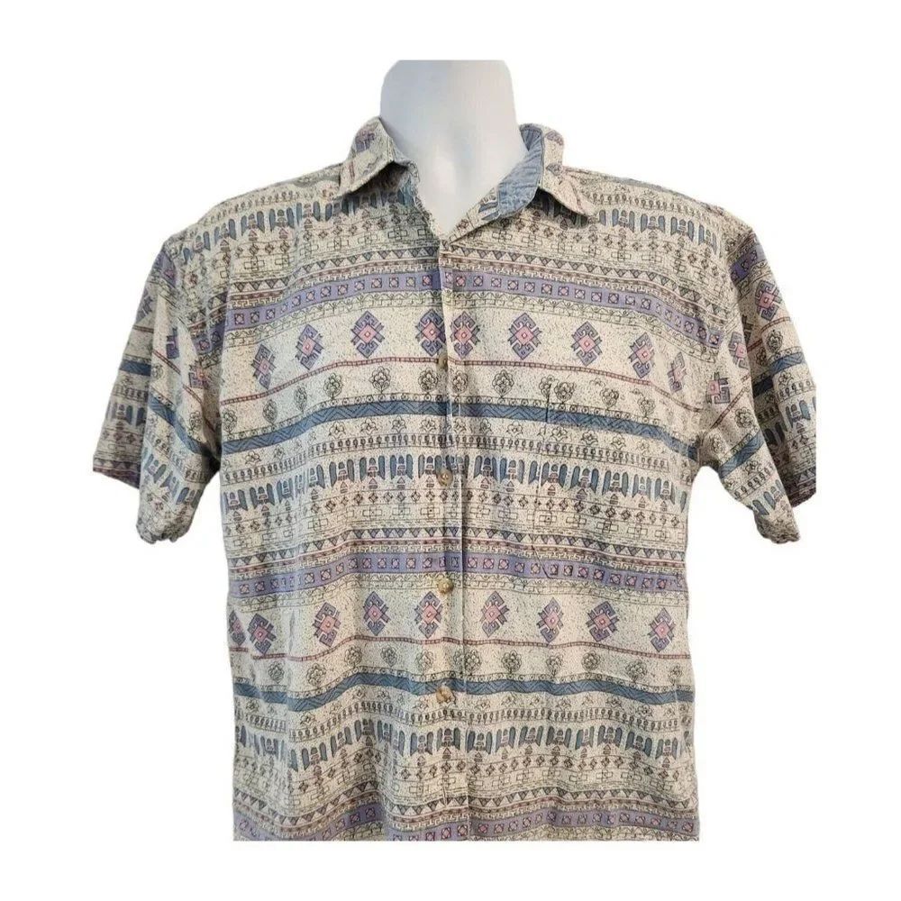 Vintage 80s Kyoto Kasuals Pastel Pink Blue Button Up Shirt Aztec Design